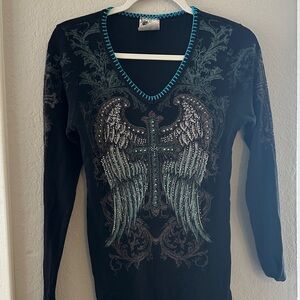 Black Long Sleeve Top with Wing Design Grunge